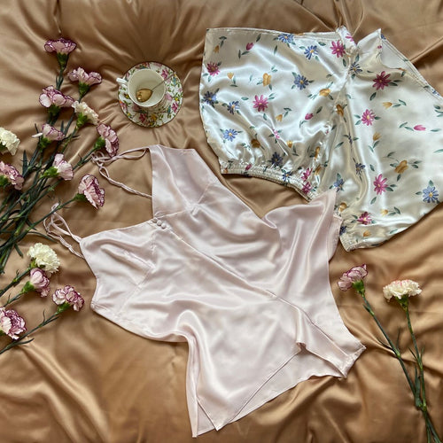 Silk pajama set flat lay
