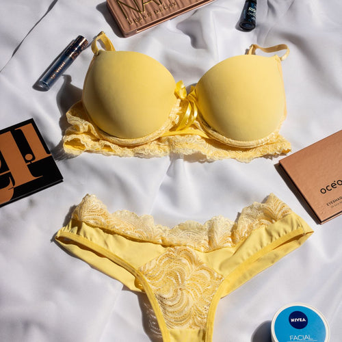 Bikini set product flat lay on white background